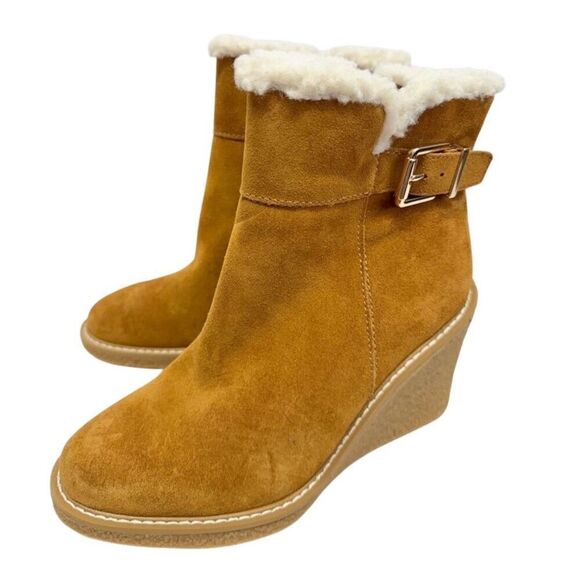 Franco Sarto Boots Size 8 Tan Leather Suede Shearling Wedge Heel Booties - Picture 4 of 9
